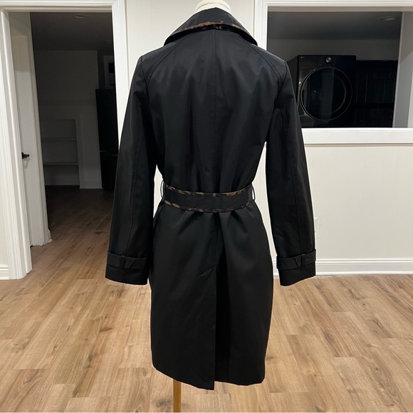 Tahari Black Raincoat Leopard Trim Belted Double Breasted Trench Size S - Picture 3 of 16